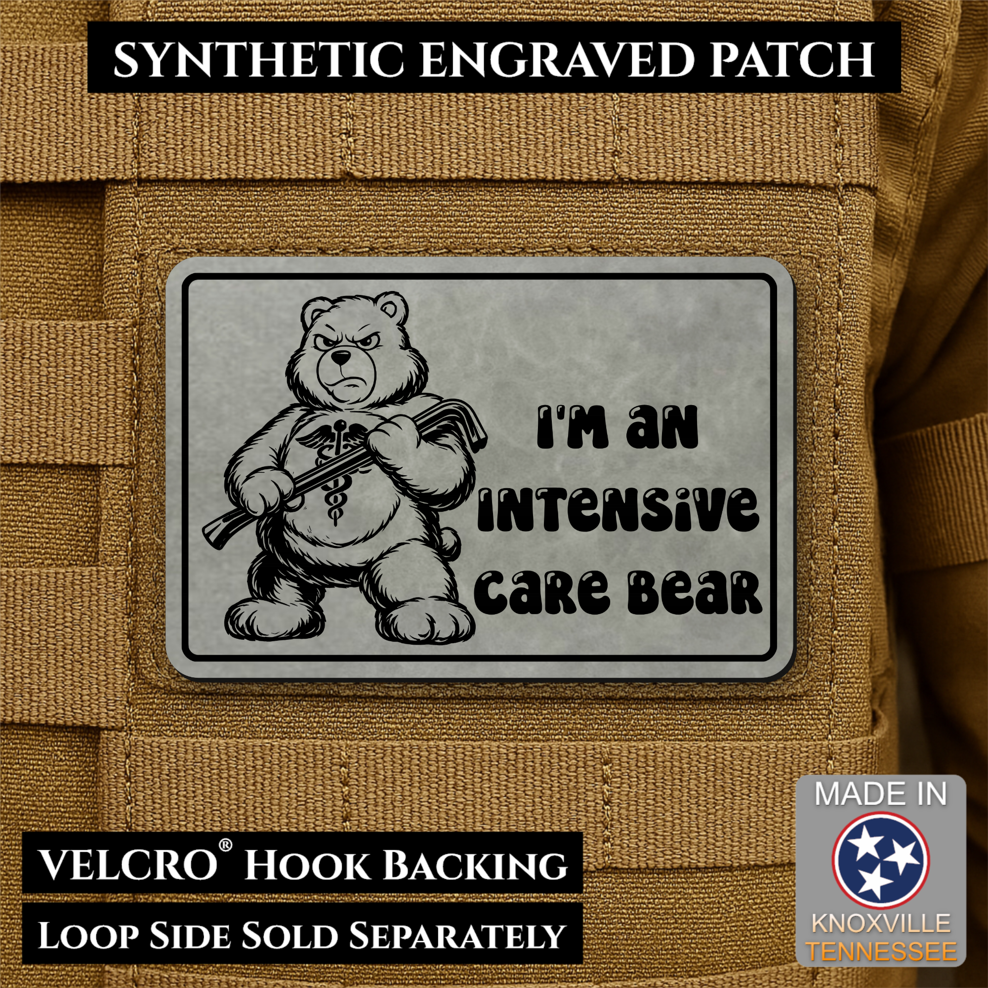 Intensive Care Bear Funny Nurse Medic Morale Patch, 2x3" | Made in USA | VELCRO® Brand Hook Backing