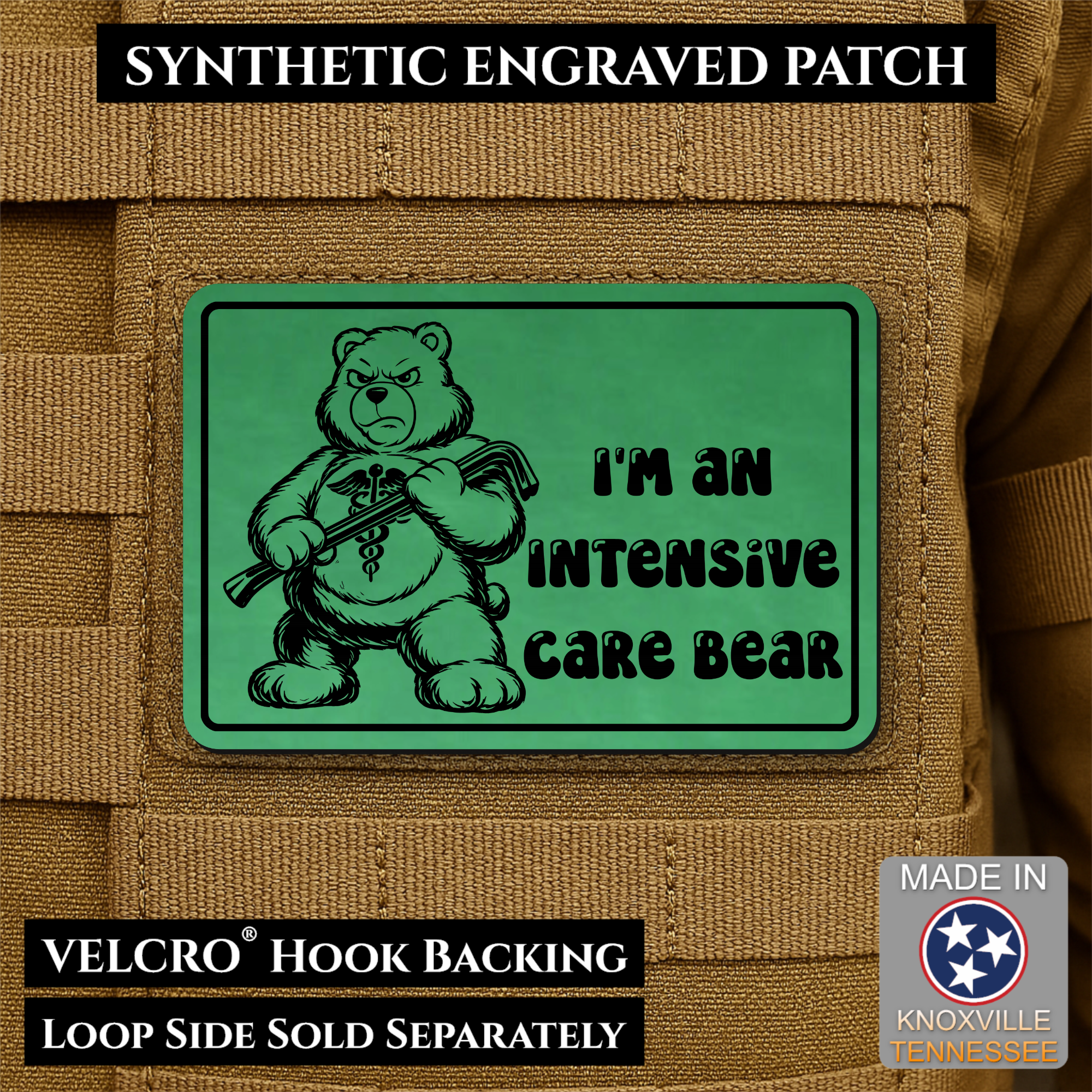 Intensive Care Bear Funny Nurse Medic Morale Patch, 2x3" | Made in USA | VELCRO® Brand Hook Backing
