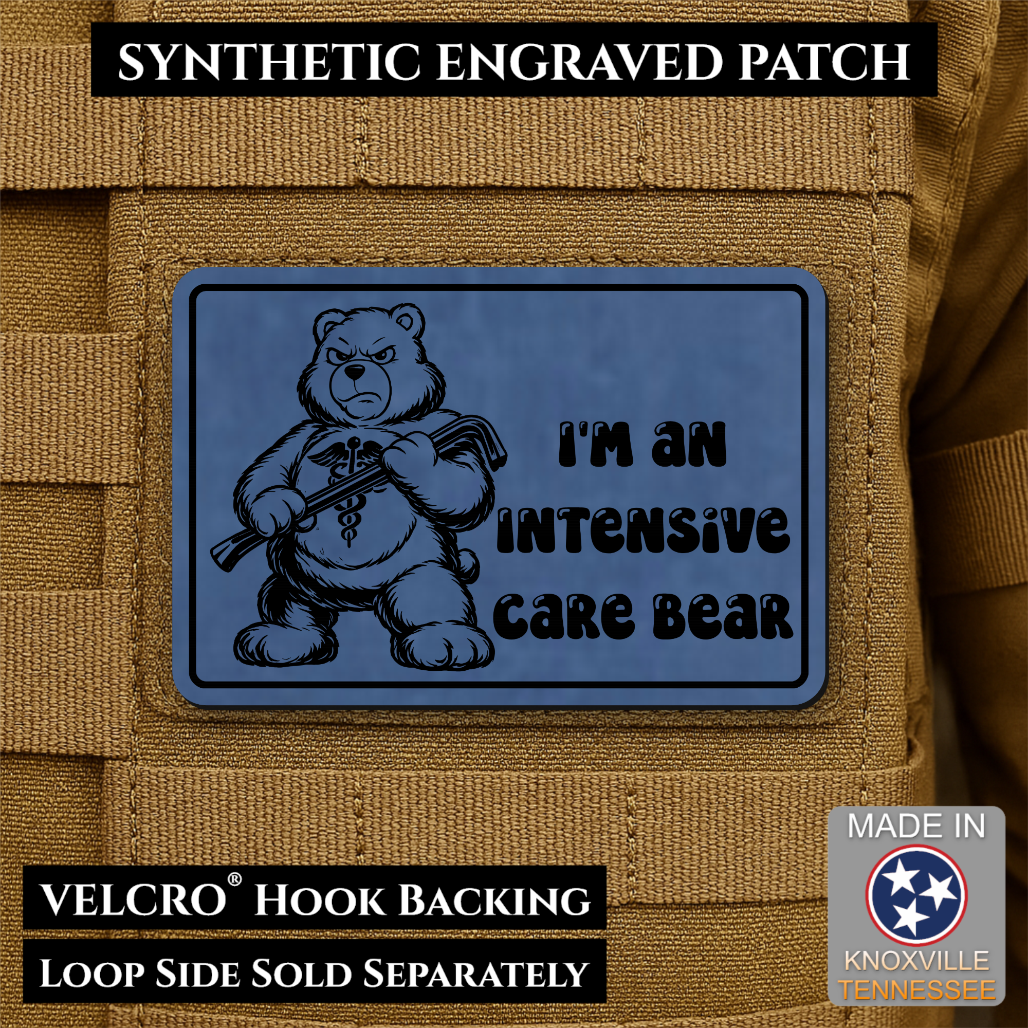 Intensive Care Bear Funny Nurse Medic Morale Patch, 2x3" | Made in USA | VELCRO® Brand Hook Backing