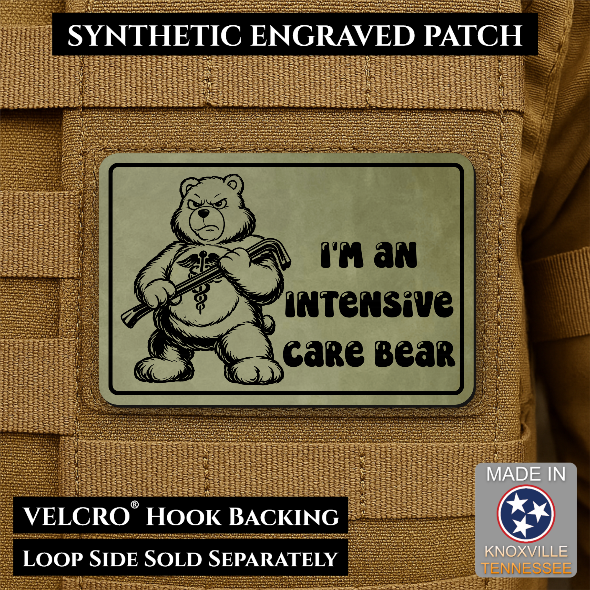 Intensive Care Bear Funny Nurse Medic Morale Patch, 2x3" | Made in USA | VELCRO® Brand Hook Backing
