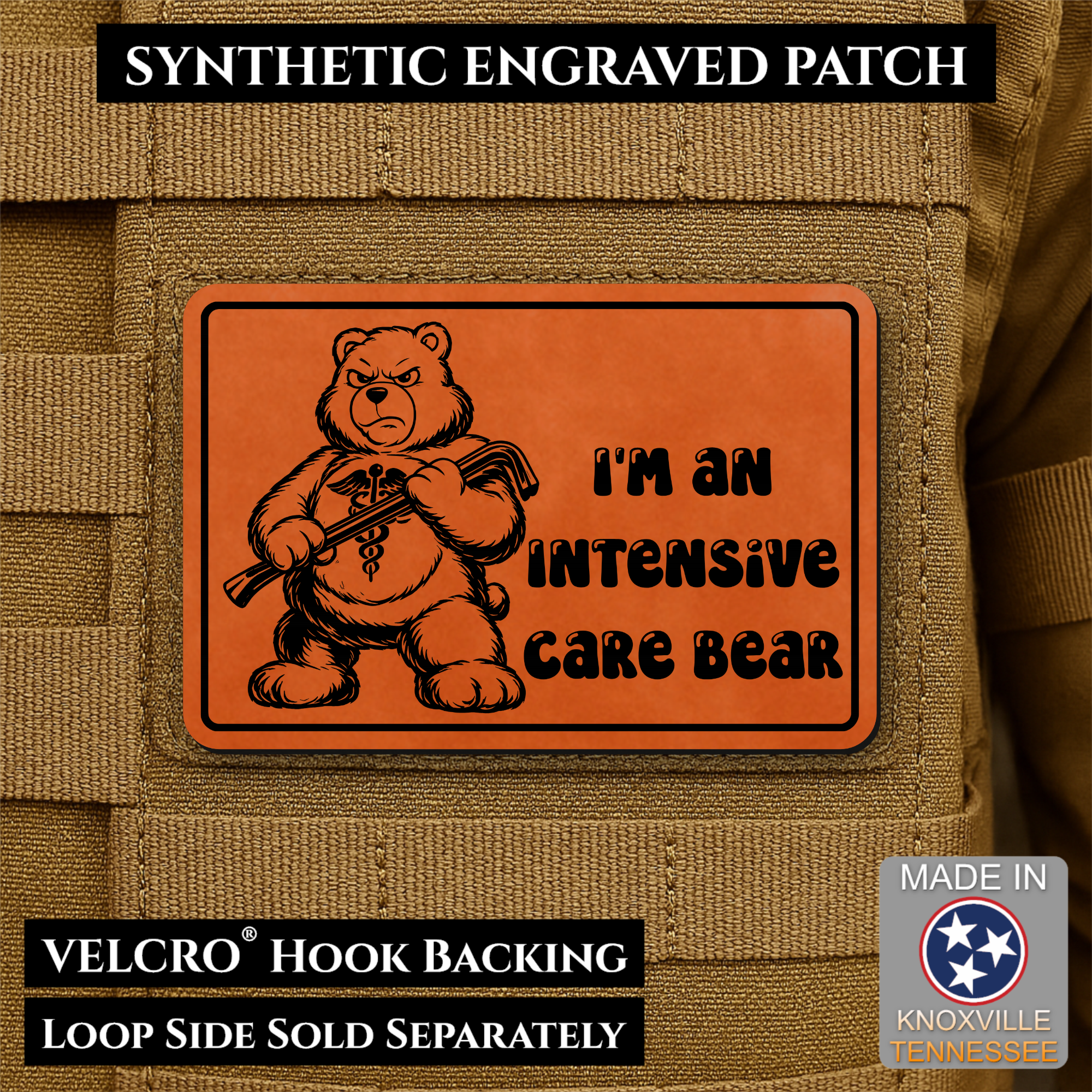 Intensive Care Bear Funny Nurse Medic Morale Patch, 2x3" | Made in USA | VELCRO® Brand Hook Backing