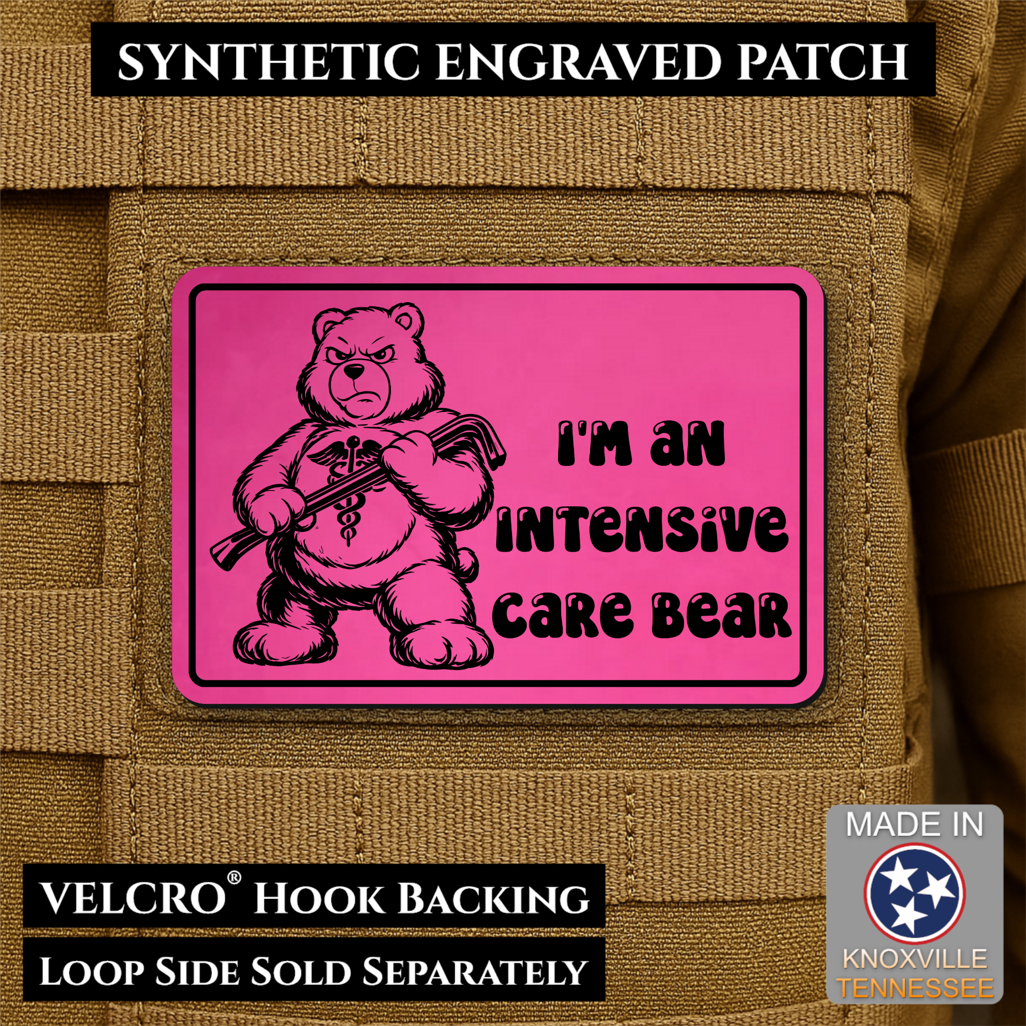 Intensive Care Bear Funny Nurse Medic Morale Patch, 2x3" | Made in USA | VELCRO® Brand Hook Backing