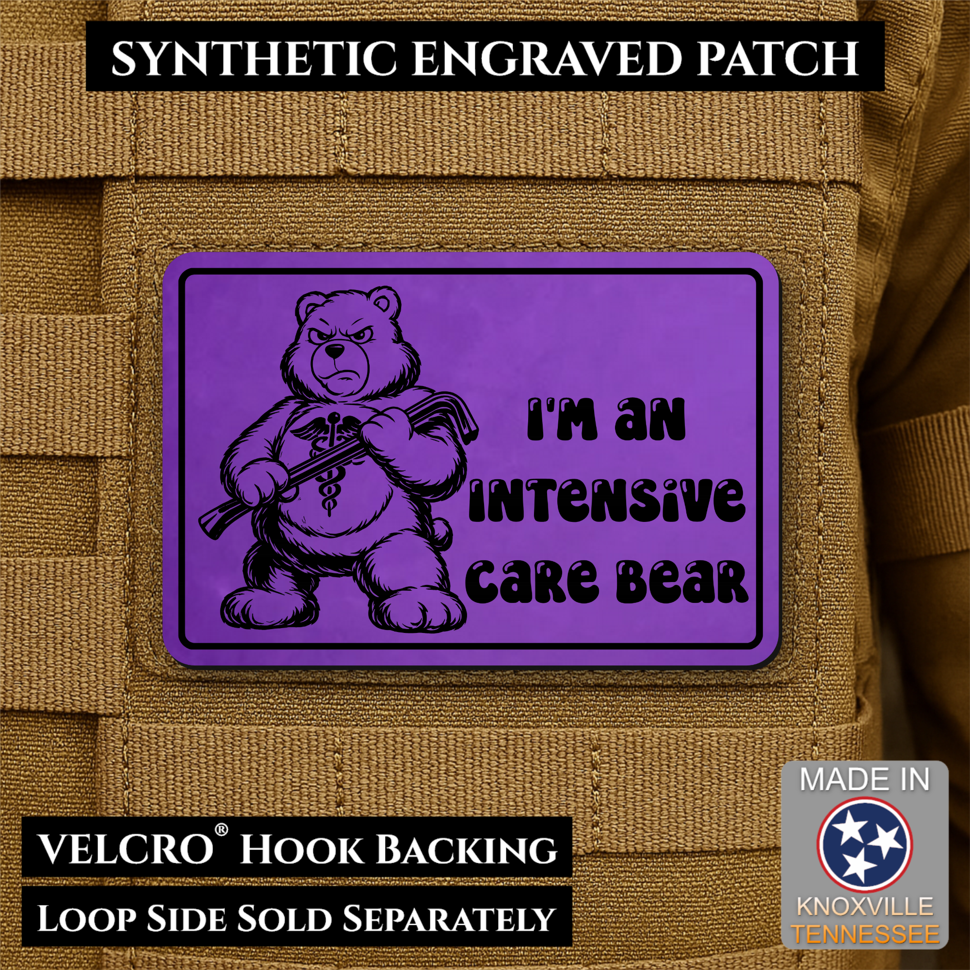 Intensive Care Bear Funny Nurse Medic Morale Patch, 2x3" | Made in USA | VELCRO® Brand Hook Backing