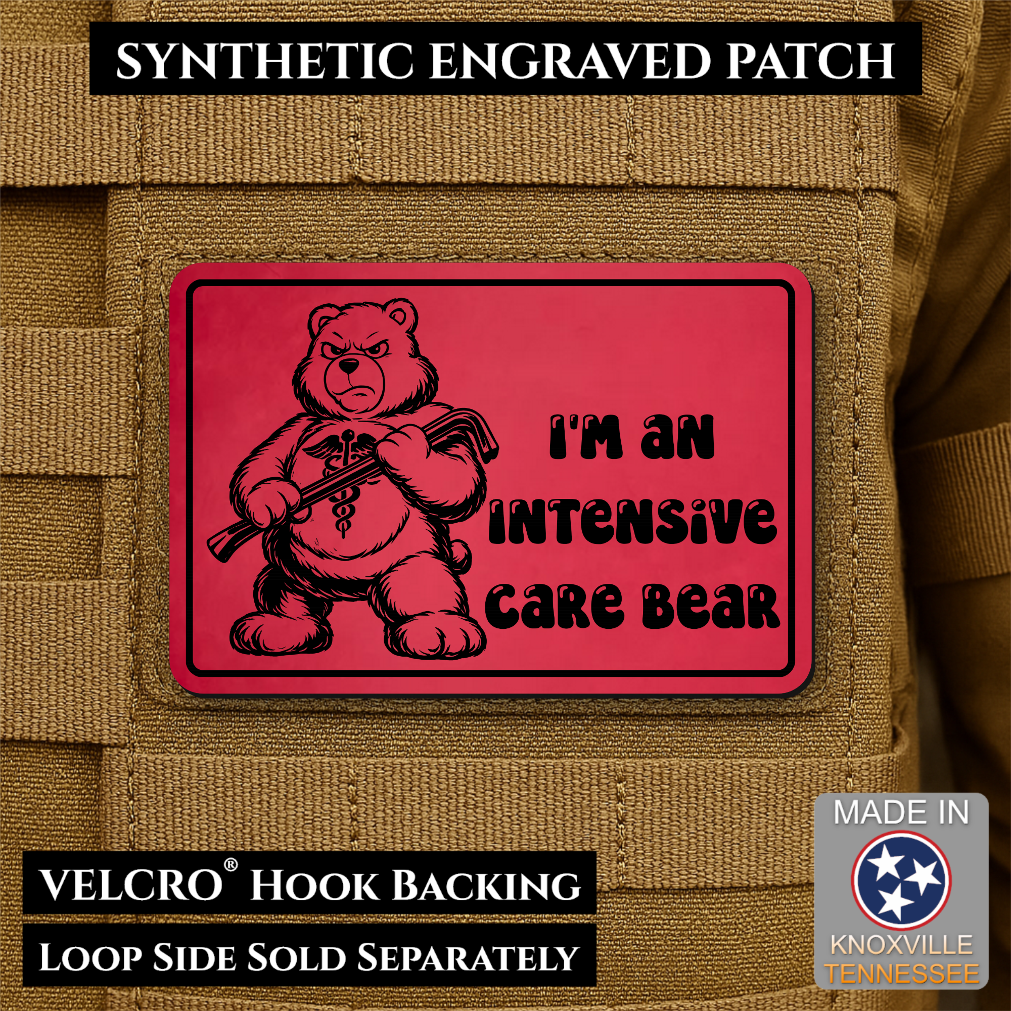 Intensive Care Bear Funny Nurse Medic Morale Patch, 2x3" | Made in USA | VELCRO® Brand Hook Backing