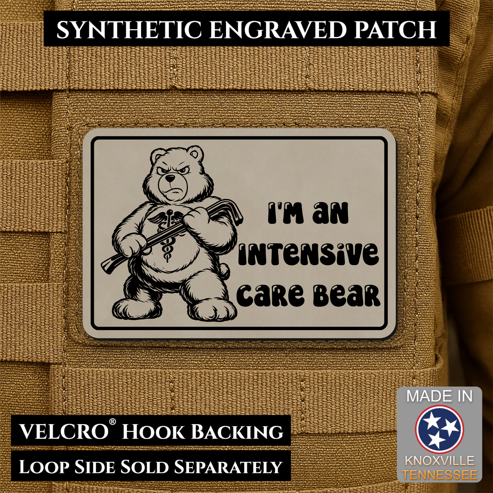 Intensive Care Bear Funny Nurse Medic Morale Patch, 2x3" | Made in USA | VELCRO® Brand Hook Backing