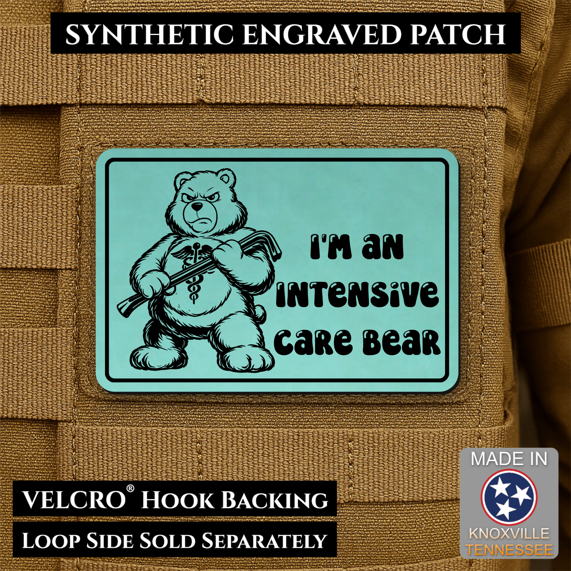 Intensive Care Bear Funny Nurse Medic Morale Patch, 2x3" | Made in USA | VELCRO® Brand Hook Backing
