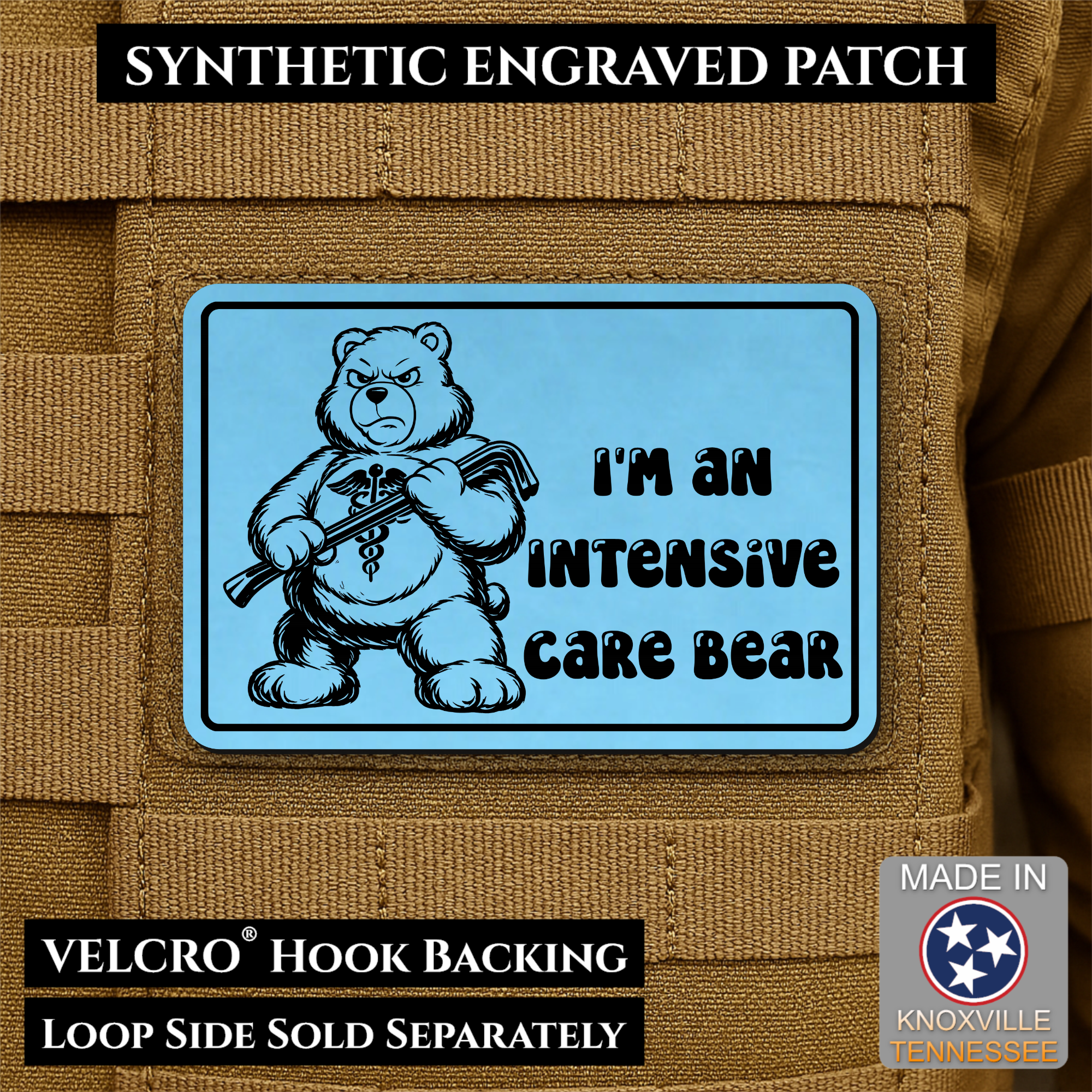 Intensive Care Bear Funny Nurse Medic Morale Patch, 2x3" | Made in USA | VELCRO® Brand Hook Backing