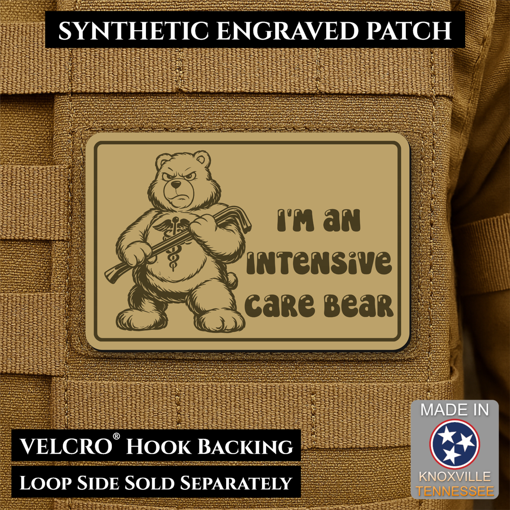 Intensive Care Bear Funny Nurse Medic Morale Patch, 2x3" | Made in USA | VELCRO® Brand Hook Backing