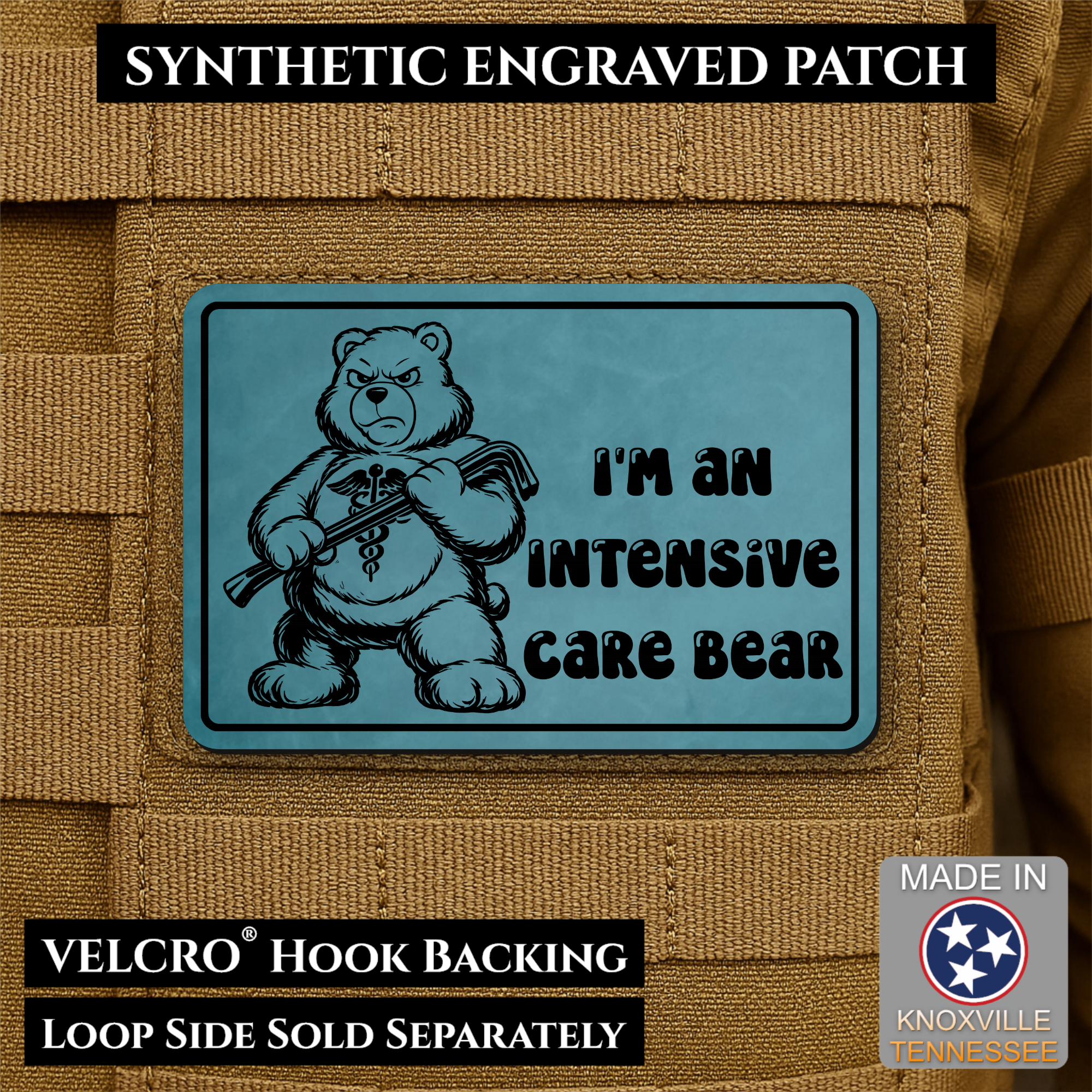 Intensive Care Bear Funny Nurse Medic Morale Patch, 2x3" | Made in USA | VELCRO® Brand Hook Backing