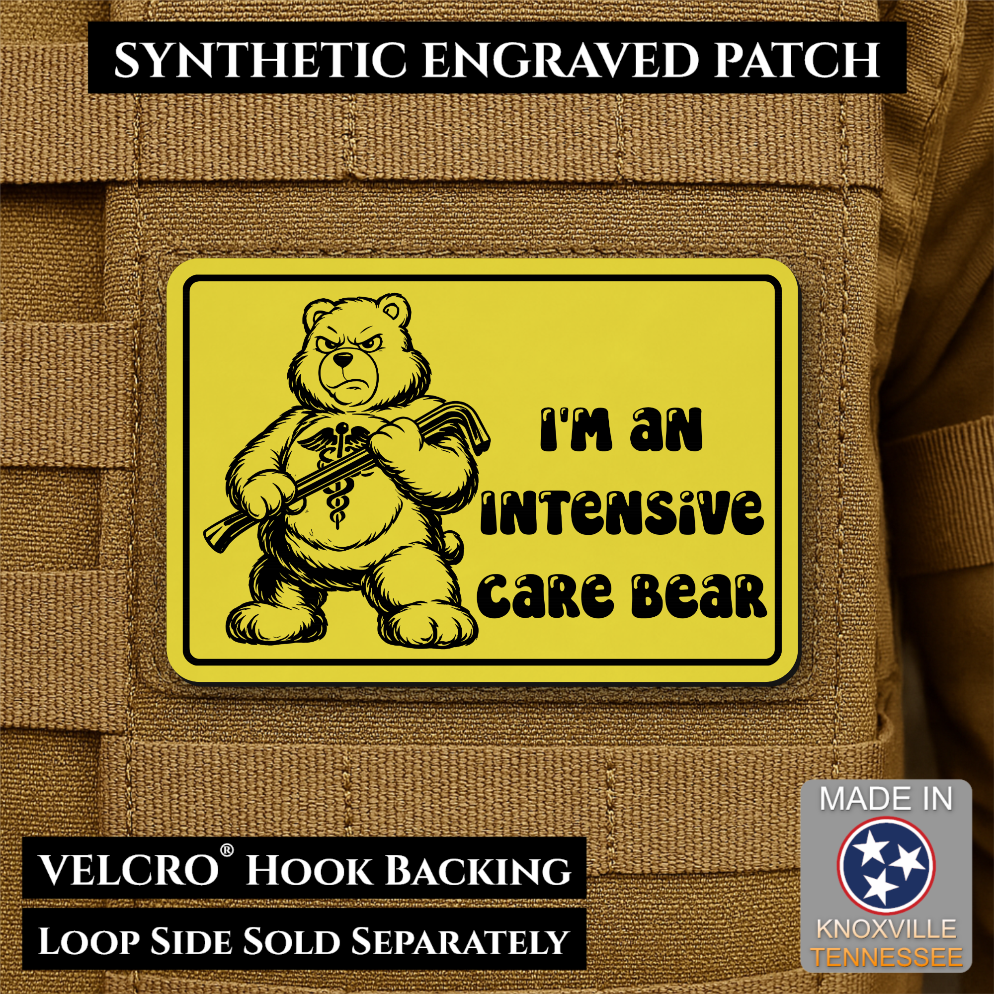 Intensive Care Bear Funny Nurse Medic Morale Patch, 2x3" | Made in USA | VELCRO® Brand Hook Backing