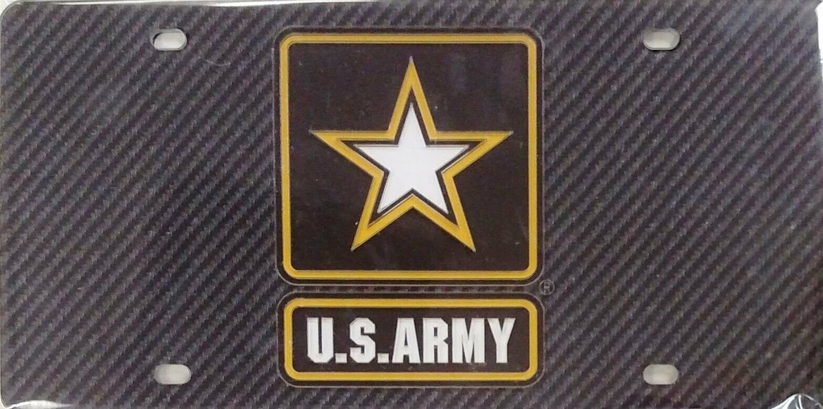 United States Army Military Premium Laser Cut Tag License Plate, Carbon Fiber Design, Mirrored Acrylic Inlaid, 12x6 Inch
