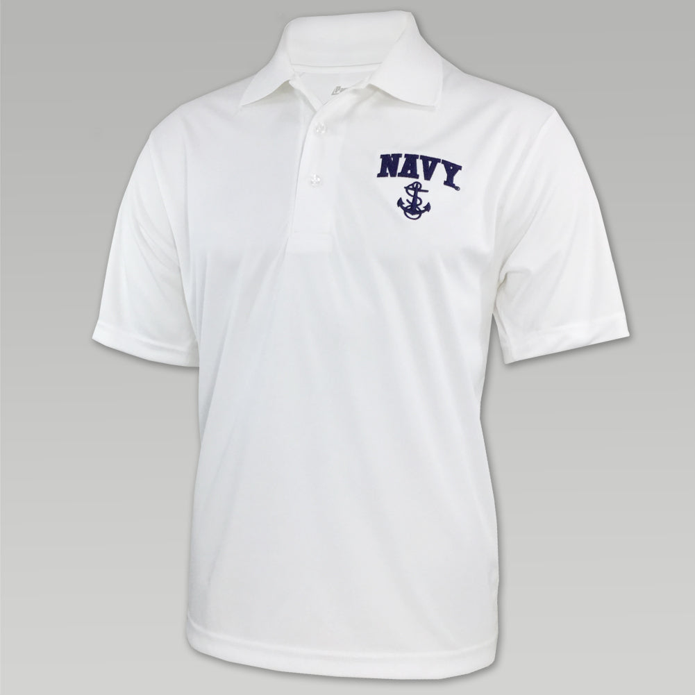 Navy Anchor Embroidered Performance Polo (White)