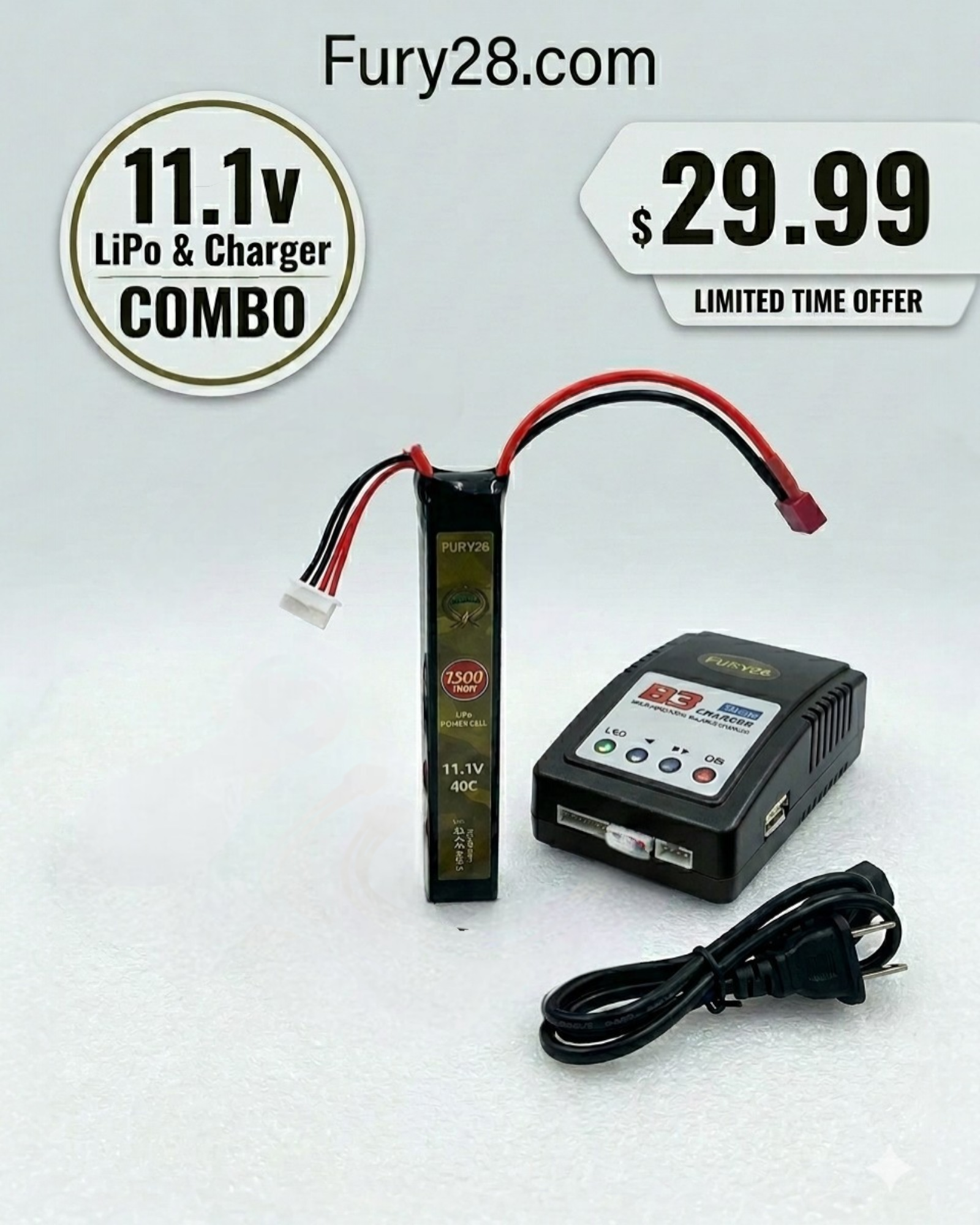 Fury28.com 11.1V 1300mAh  Airsoft LiPo Battery + B3 Charger Combo