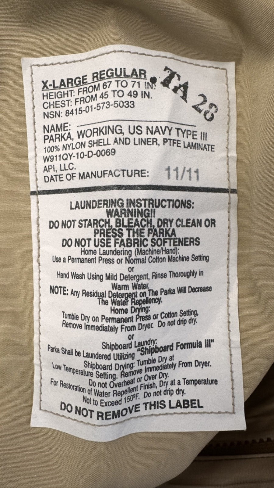 USN ISSUE NWU GORETEX PARKA TYPE III  X-LARGE REG NEW