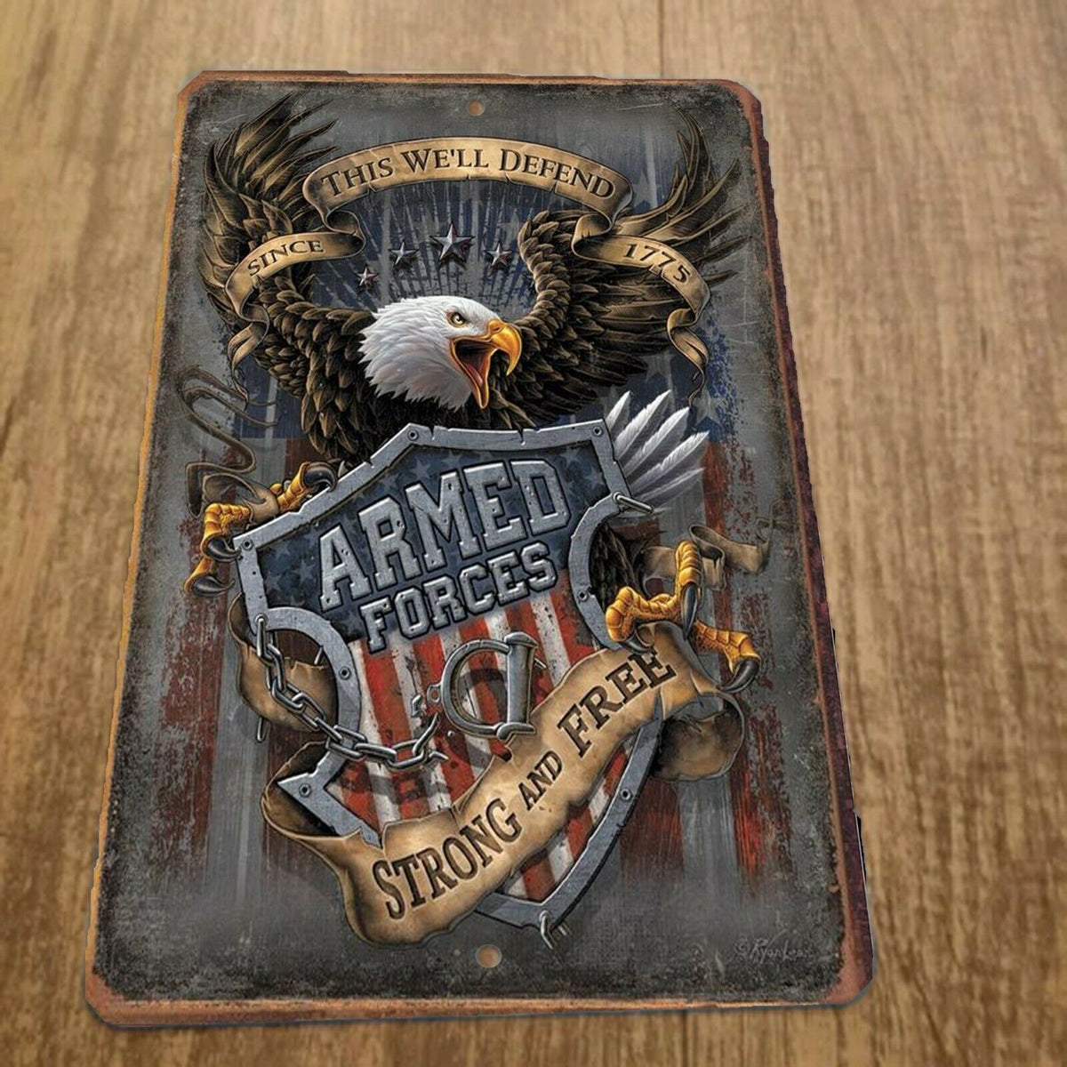 Armed Forces Strong and Free Eagle Flag Shield 8x12 Inch Metal Wall Military Sign