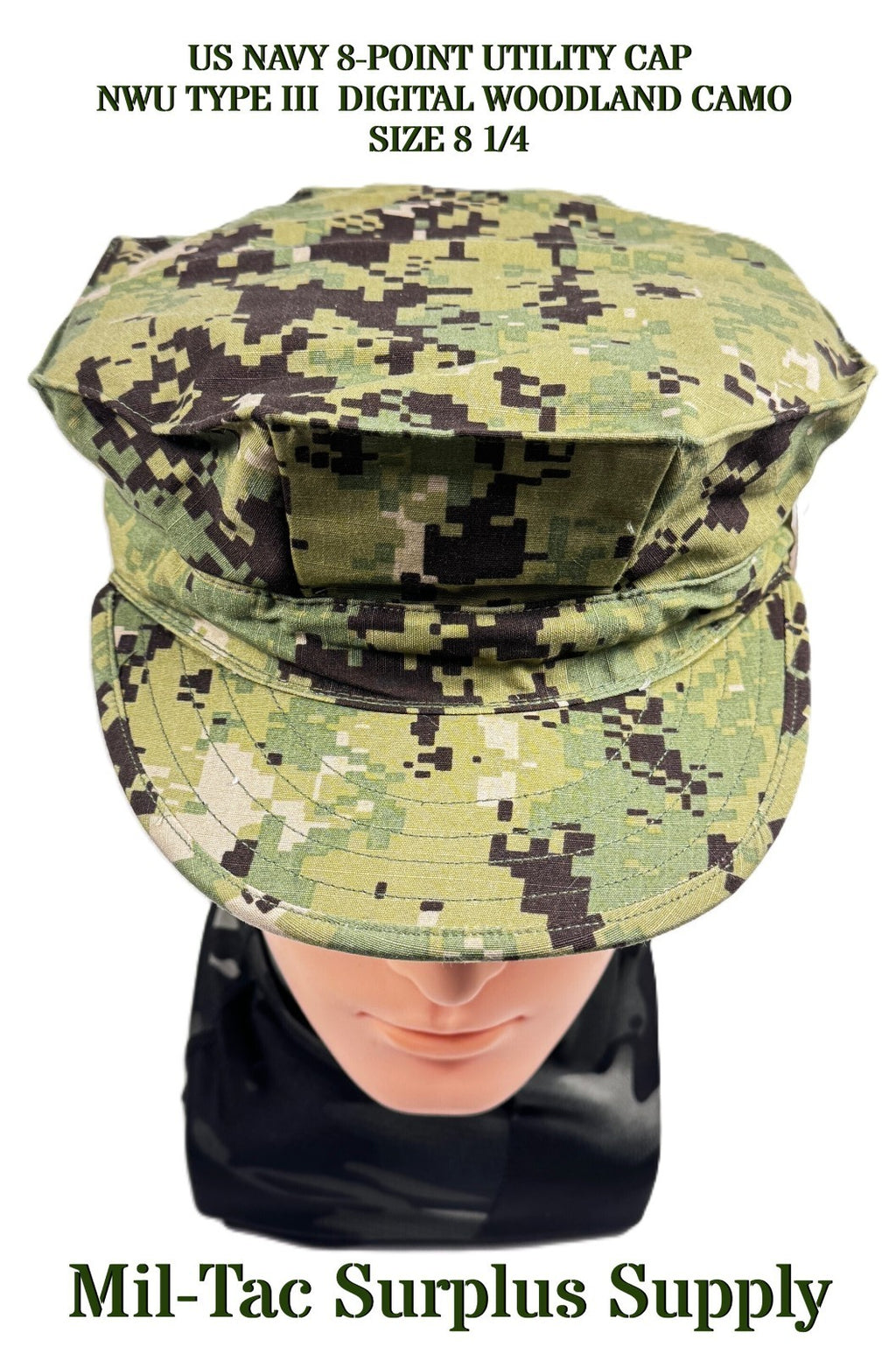 US NAVY 8-POINT UTILITY CAP  NWU TYPE III  DIGITAL WOODLAND  CAMO, SIZE 8 1/4