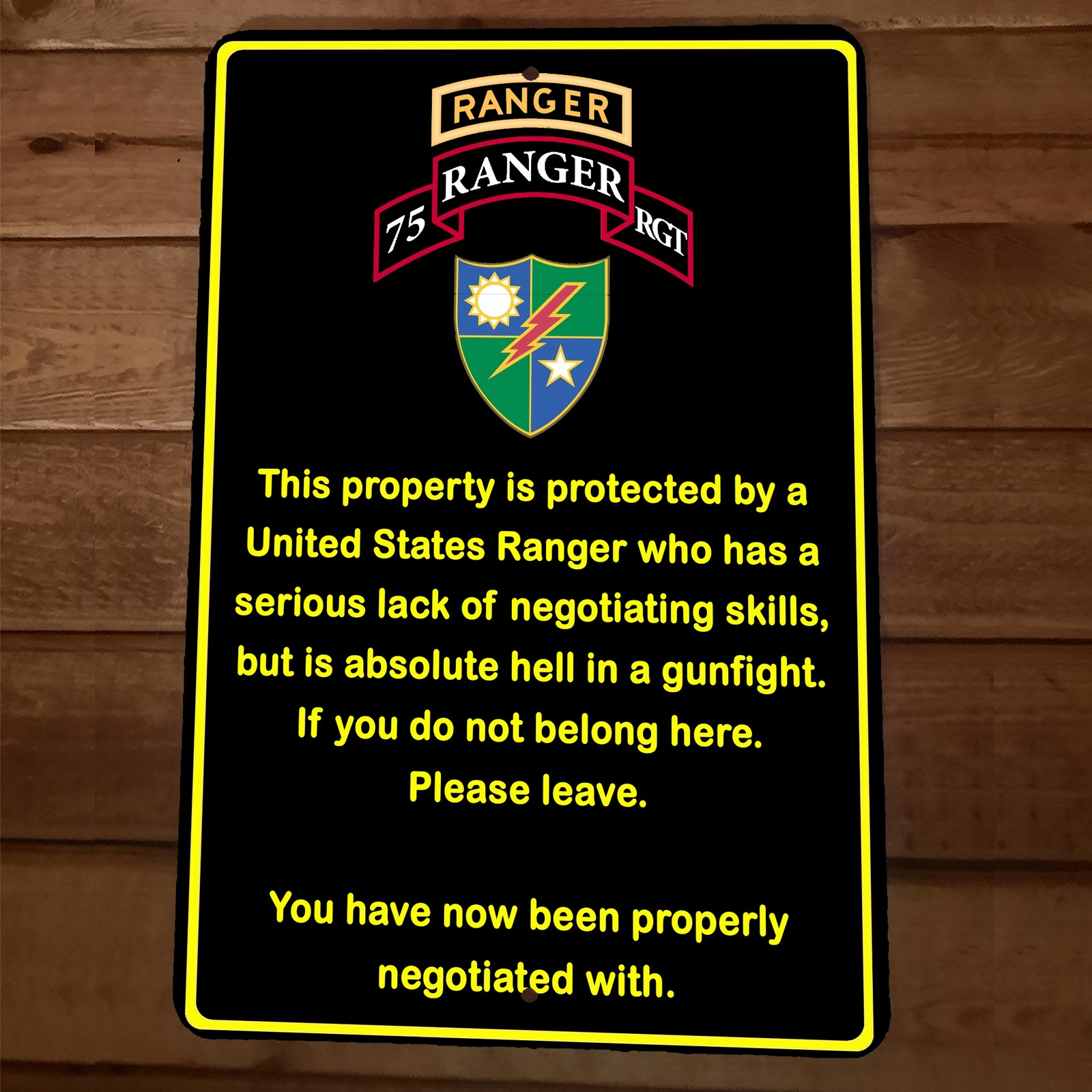 Property Protected by Army Ranger 75th Regiment 8x12 Inch Metal Military Wall Sign