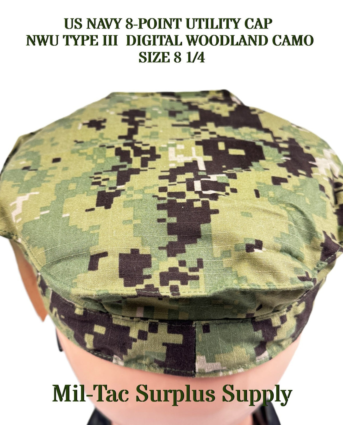 US NAVY 8-POINT UTILITY CAP  NWU TYPE III  DIGITAL WOODLAND  CAMO, SIZE 8 1/4