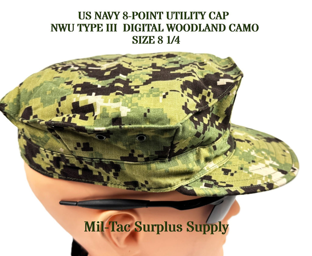 US NAVY 8-POINT UTILITY CAP  NWU TYPE III  DIGITAL WOODLAND  CAMO, SIZE 8 1/4