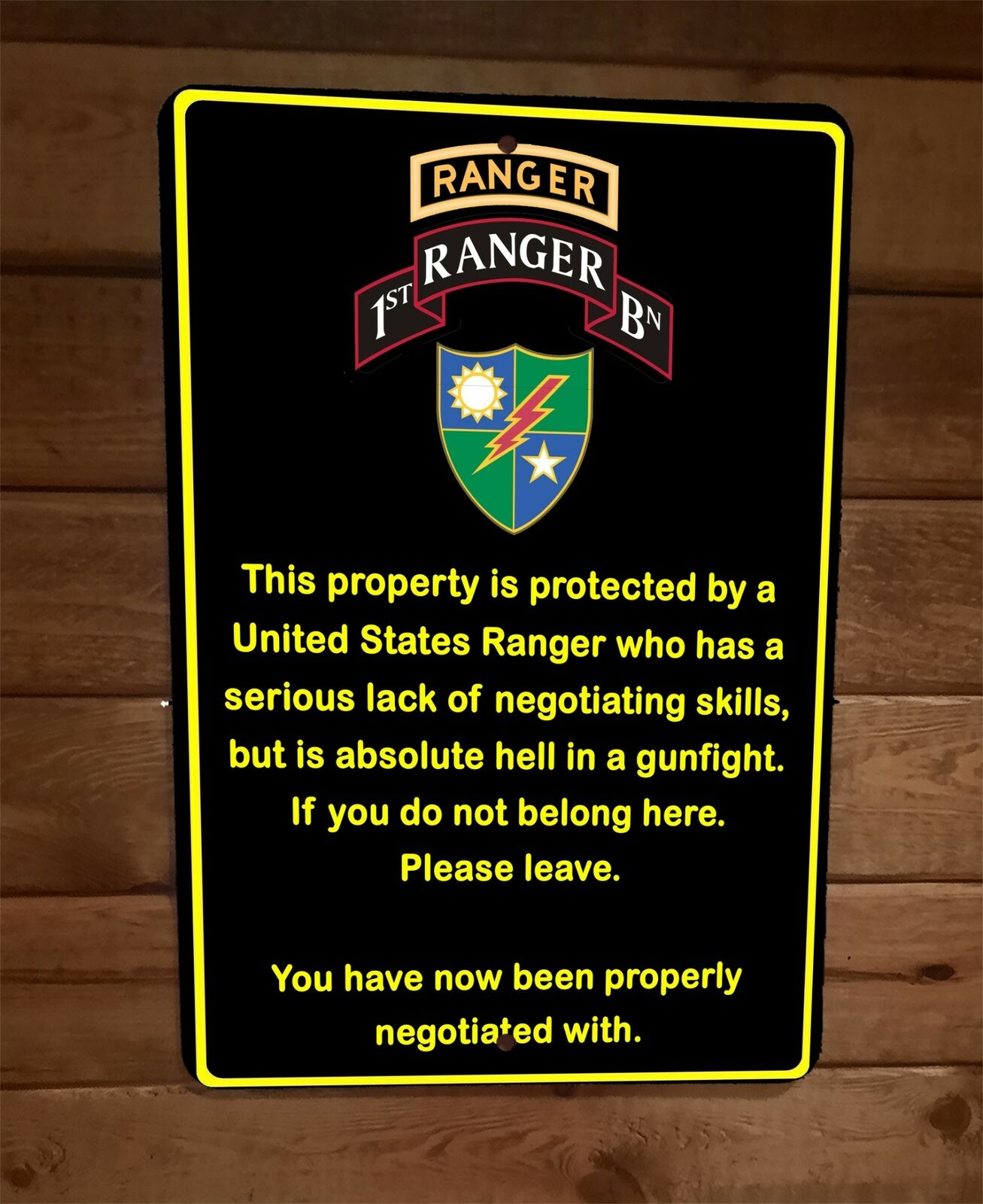 Property Protected by Army Ranger 1st Battalion 8x12 Metal Military Wall Sign