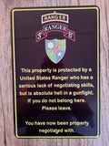 Property Protected by a Ranger 8x12 Metal Wall Sign - Military Warning for Army Armed Forces Protection