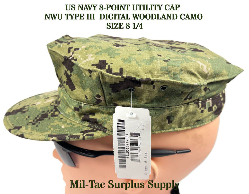US NAVY 8-POINT UTILITY CAP  NWU TYPE III  DIGITAL WOODLAND  CAMO, SIZE 8 1/4