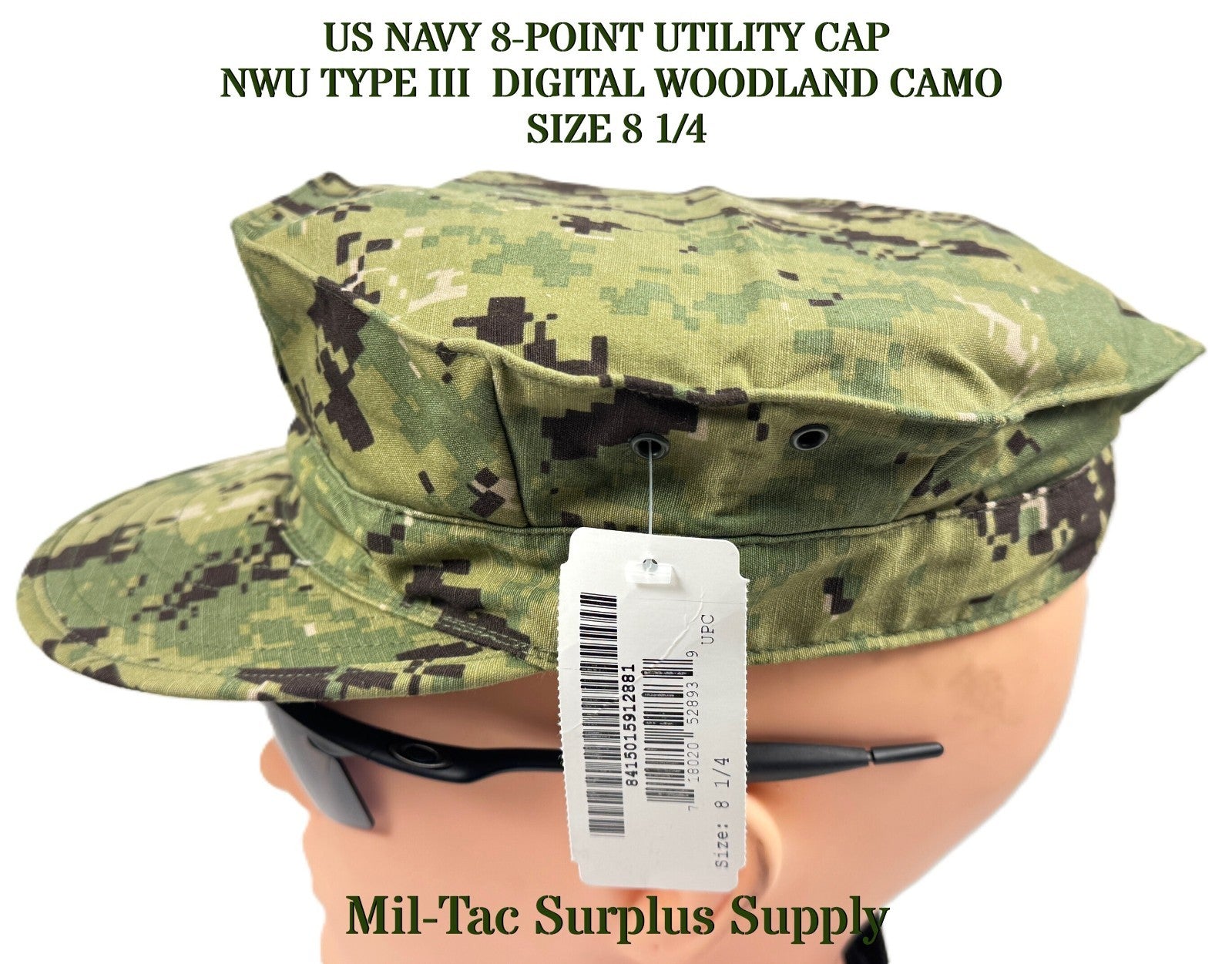 US NAVY 8-POINT UTILITY CAP  NWU TYPE III  DIGITAL WOODLAND  CAMO, SIZE 8 1/4