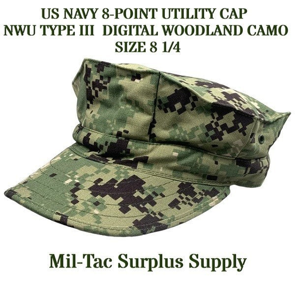 US NAVY 8-POINT UTILITY CAP  NWU TYPE III  DIGITAL WOODLAND  CAMO, SIZE 8 1/4