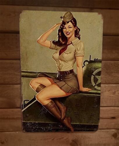 Vintage-Style Military Pinup Girl on Tank 8x12 Inch Metal Wall Sign Poster