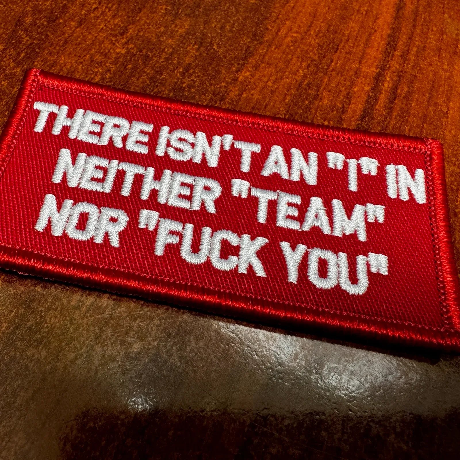 ASOS - There Isn't An "I" In Neither "Team" Nor "Fuck You" - 2x4 Patch - Red w/White