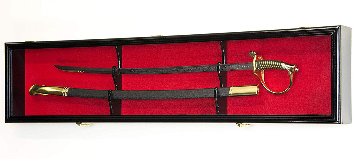 Sword Display Case Cabinet Stand Holder Wall Rack Box - Black solid hardwood