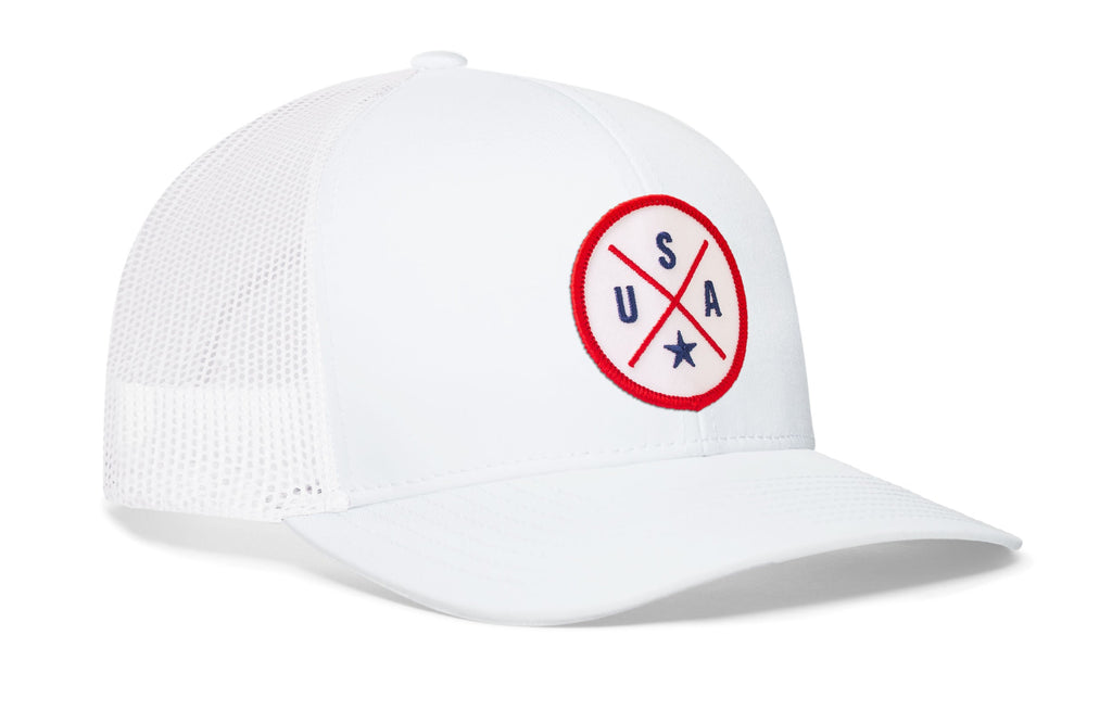USA Trucker Hat  |  White-Red-Blue America Snapback
